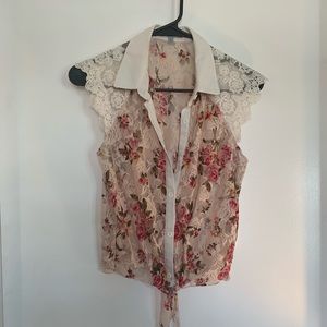 Pink floral sheer collared crop top